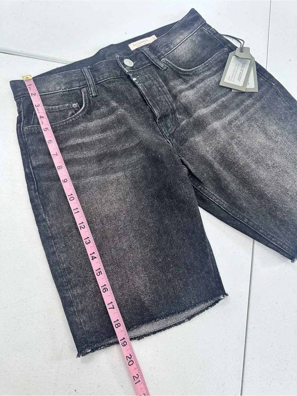 AllSaints Switch Skinny Denim Shorts Washed Black Button Fly Grunge Minimal W30